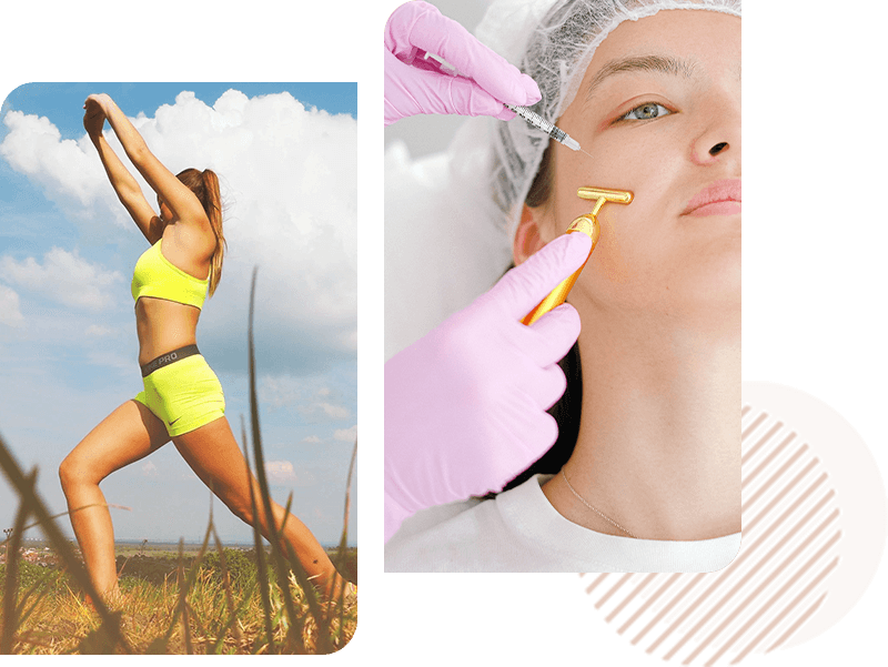 A collage of photos with a woman in yellow shorts and a person getting her face waxed.